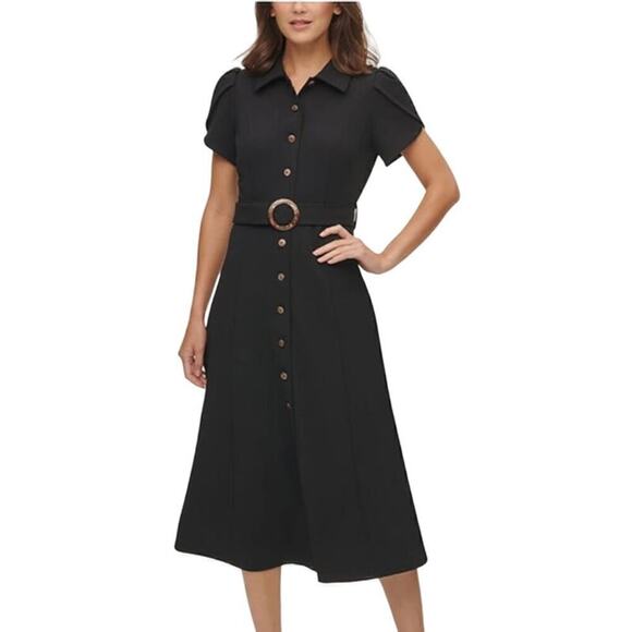 Calvin Klein Women's Scuba Crepe Dress with Ruffle Skirt and Tie Belt Black Sz 4 - Picture 1 of 6